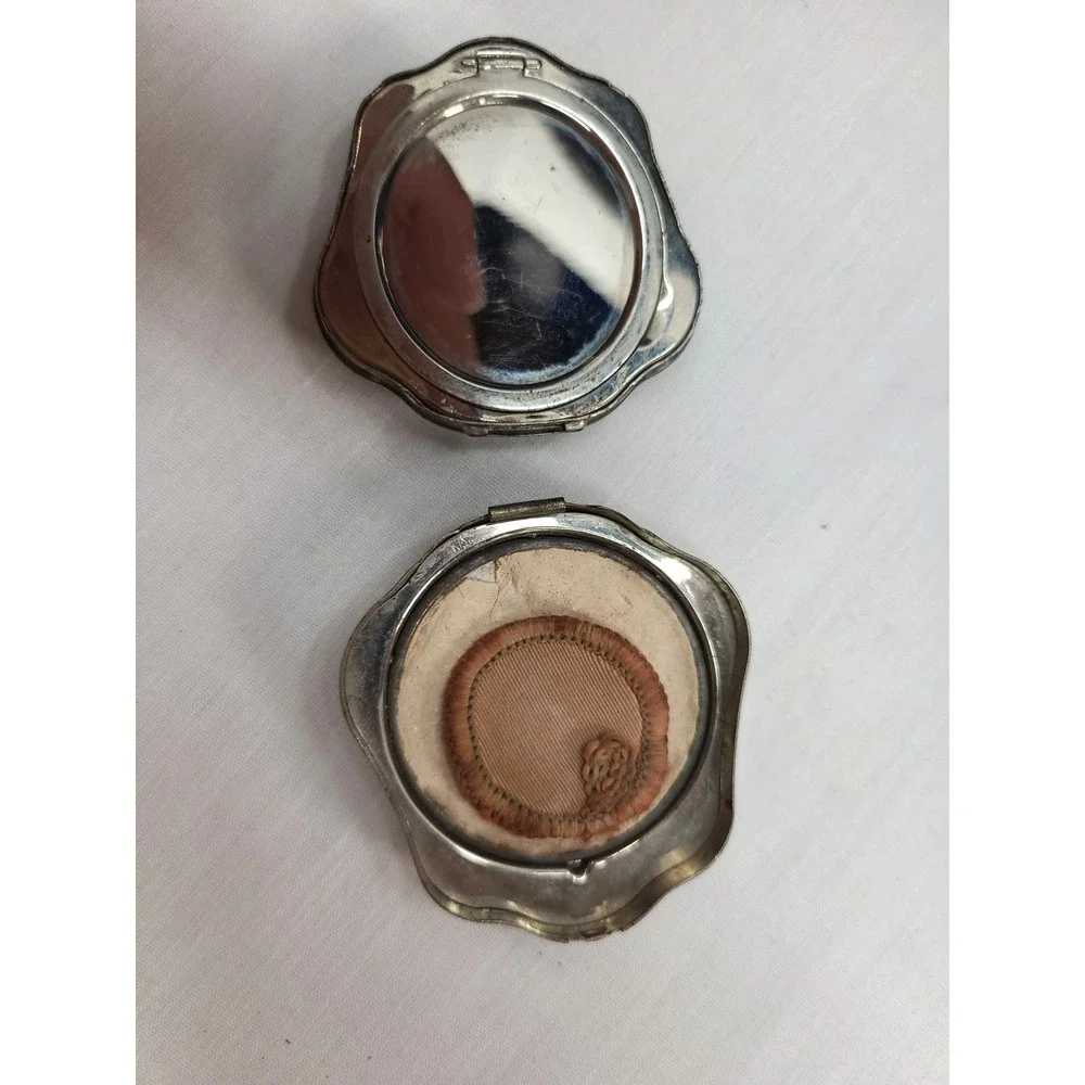 LT Piver Antique Powder Compact w Mirror 2 intact powders and Powder Puff Silver